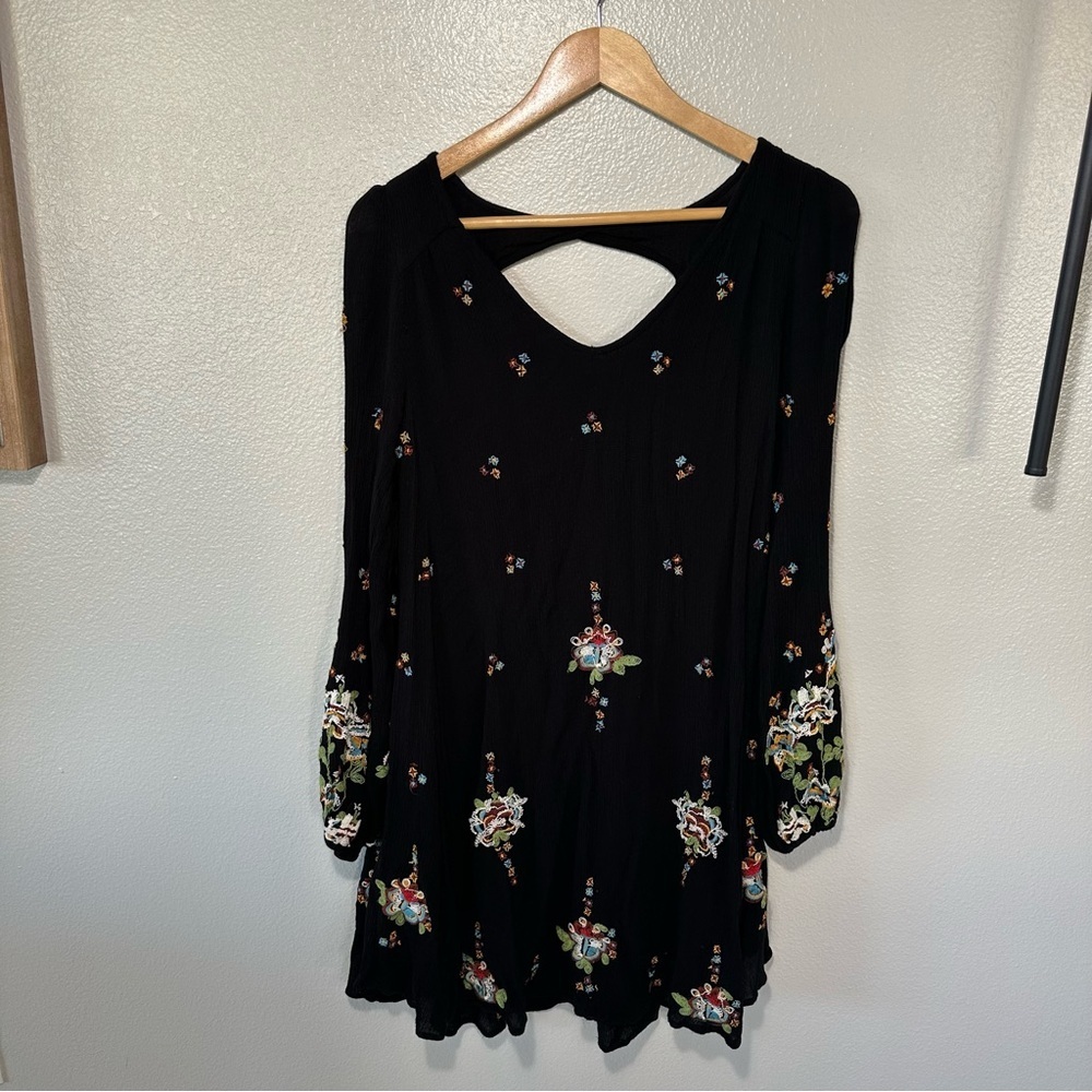 Free People Oxford Black Embroidered Balloon Sleeve Boho Mini Dress Tunic, M - Picture 6 of 14